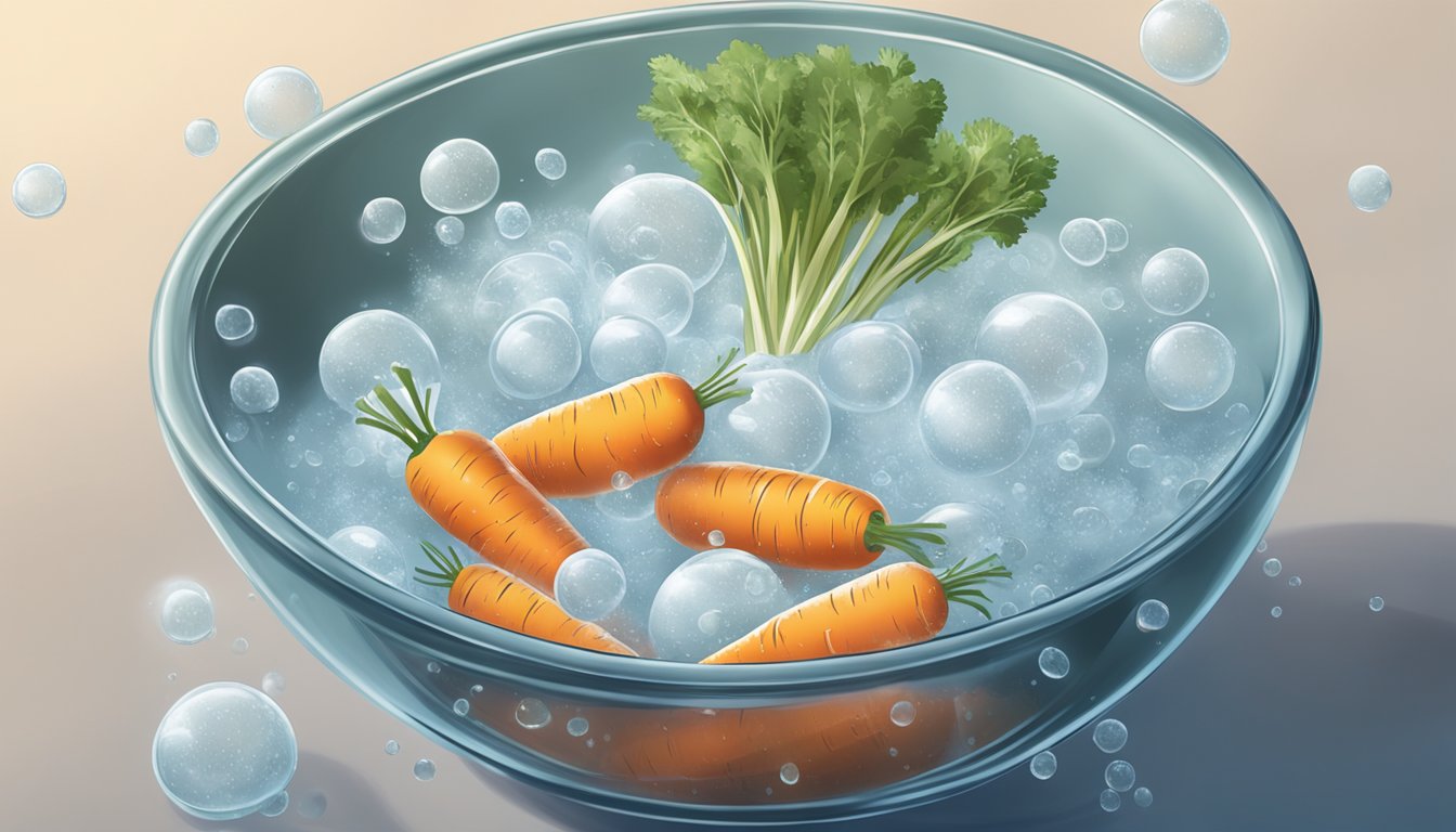 A bowl of limp carrots being submerged in a bowl of ice water, with bubbles rising to the surface as the carrots begin to revive