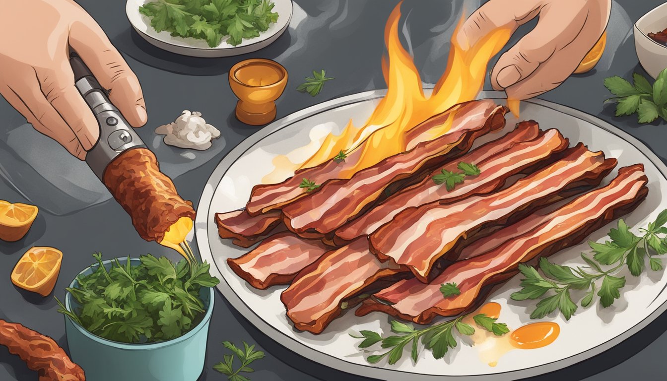 Overcooked bacon being revived with a blowtorch and garnished with fresh herbs