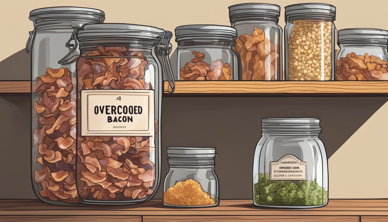 A hand reaches for a glass jar filled with crumbled overcooked bacon. The jar is labeled "Overcooked Bacon" and sits on a wooden shelf next to other preserved foods