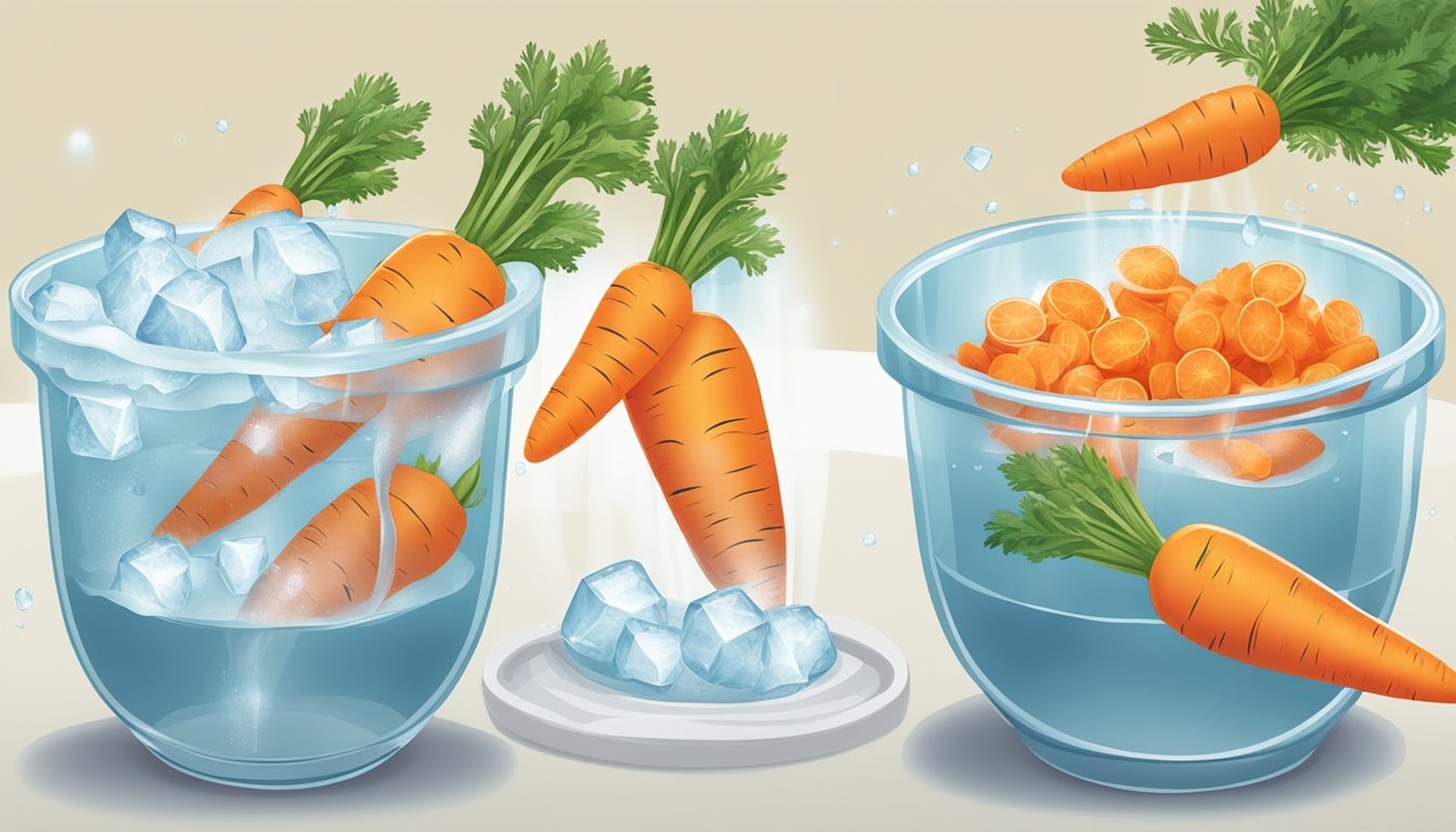 Carrots being soaked in cold water and then placed in a bowl of ice water to revive their limp texture