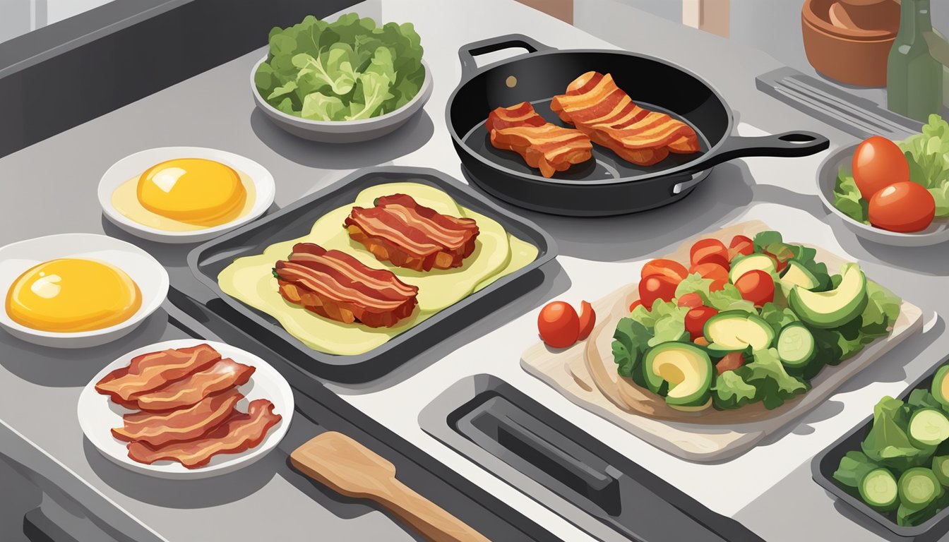 Crispy bacon being added to a sizzling skillet of vegetables and eggs, a bacon-wrapped chicken breast baking in the oven, and a bacon and avocado salad being prepared on a cutting board