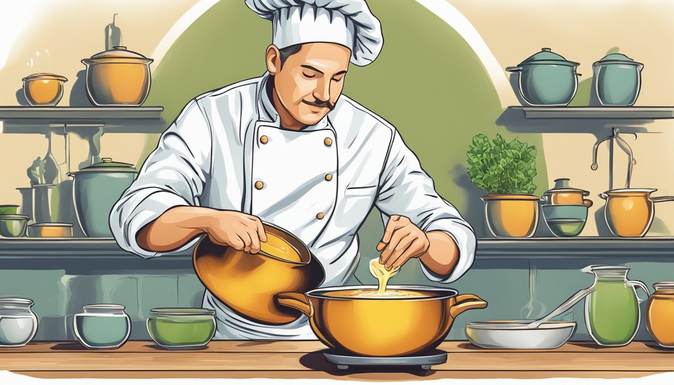 A chef adding thickening agent to a pot of watery soup