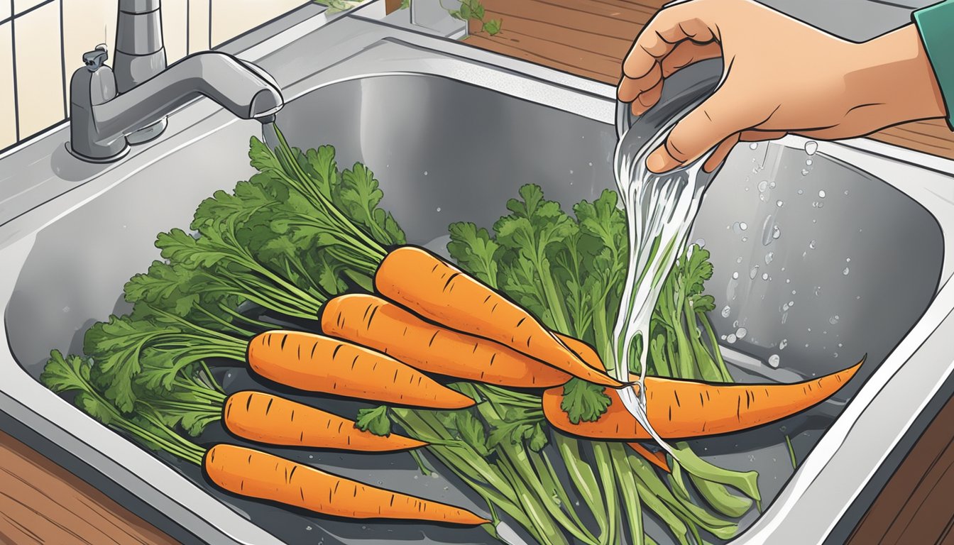 Reviving limp carrots: a hand pouring water over a bunch of wilted carrots in a sink, with fresh green vegetables nearby