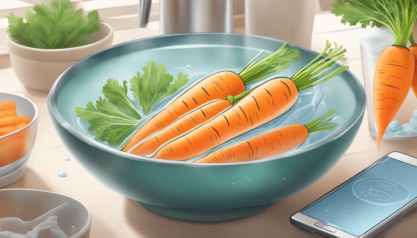 Limp carrots being revived in a bowl of ice water, with a smartphone displaying food preservation tips in the background