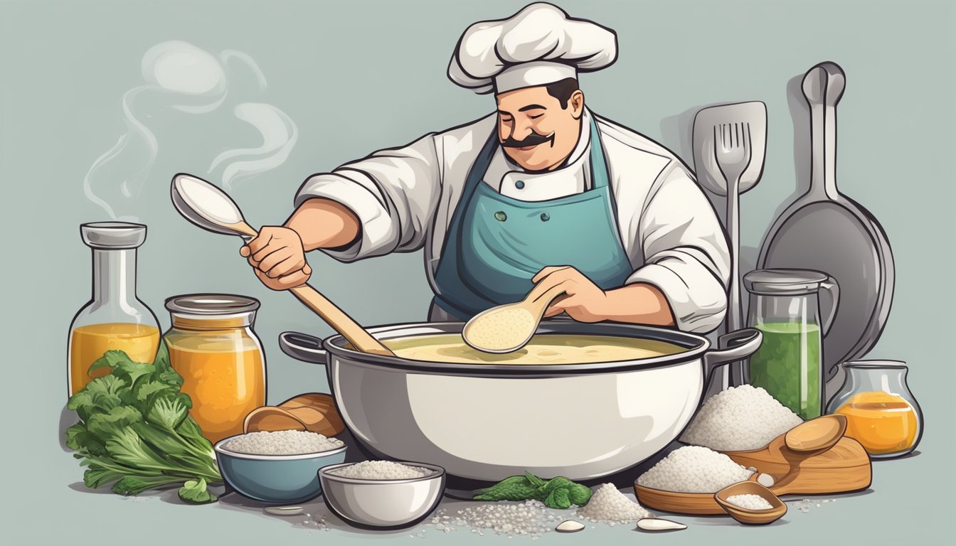 A chef confidently thickens a watery soup with a spoonful of flour, surrounded by various ingredients and cooking utensils