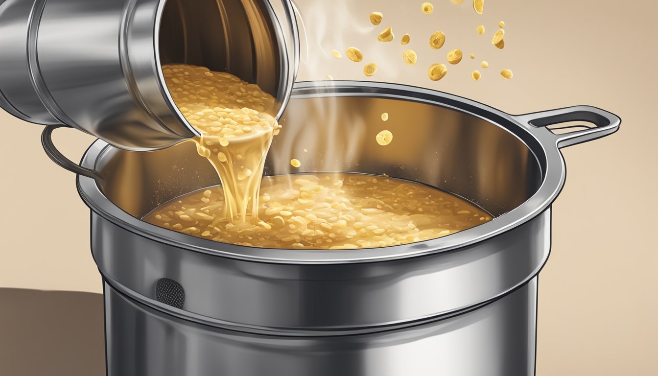 A pot of brown butter being carefully poured through a strainer into a new container, with the burnt residue left behind