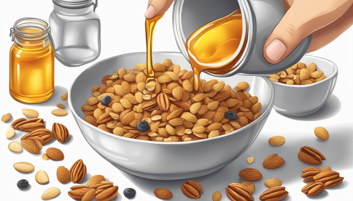 A hand pouring fresh honey onto a bowl of stale granola, followed by a sprinkle of nuts and seeds