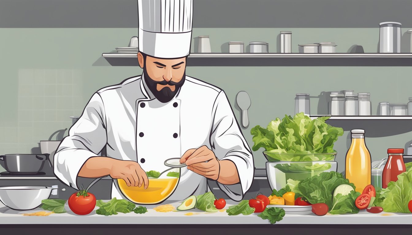 A chef adjusts a bowl of salad dressing, adding ingredients to balance out the excessive saltiness