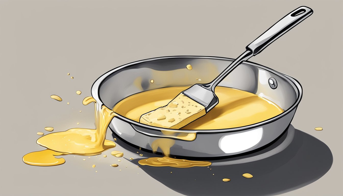 A pan with burnt butter being scraped off by a spatula