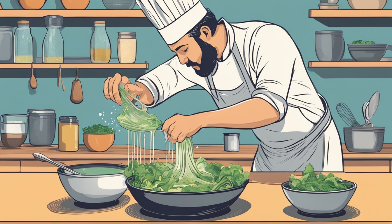 A chef pours water into a bowl of overly salty salad dressing, stirring it with a whisk to dilute the saltiness