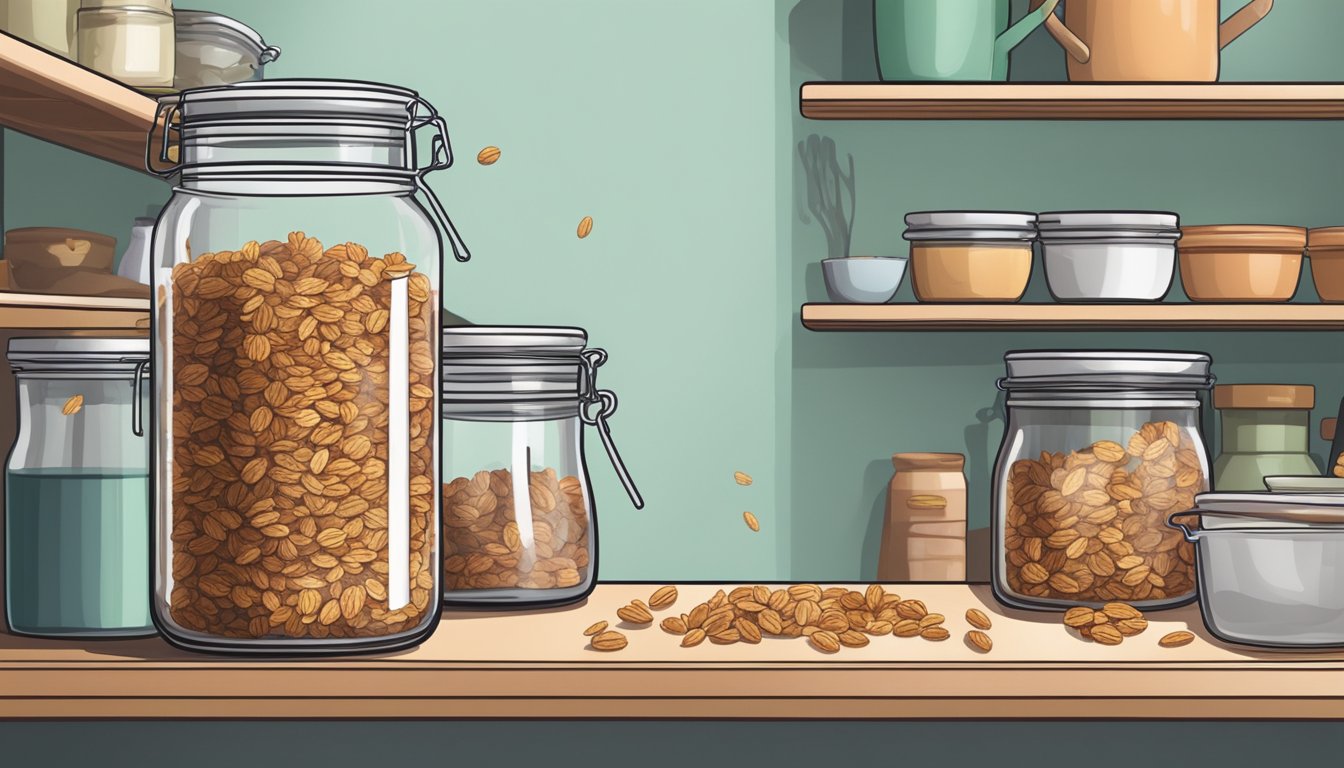 A glass jar filled with granola sits on a shelf. A person pours the granola onto a baking sheet and stirs it to revive the stale texture