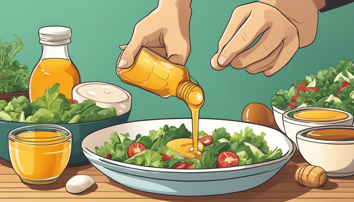 A hand pouring a small amount of honey into a bowl of salad dressing, with various alternative ingredients and substitutions displayed in the background