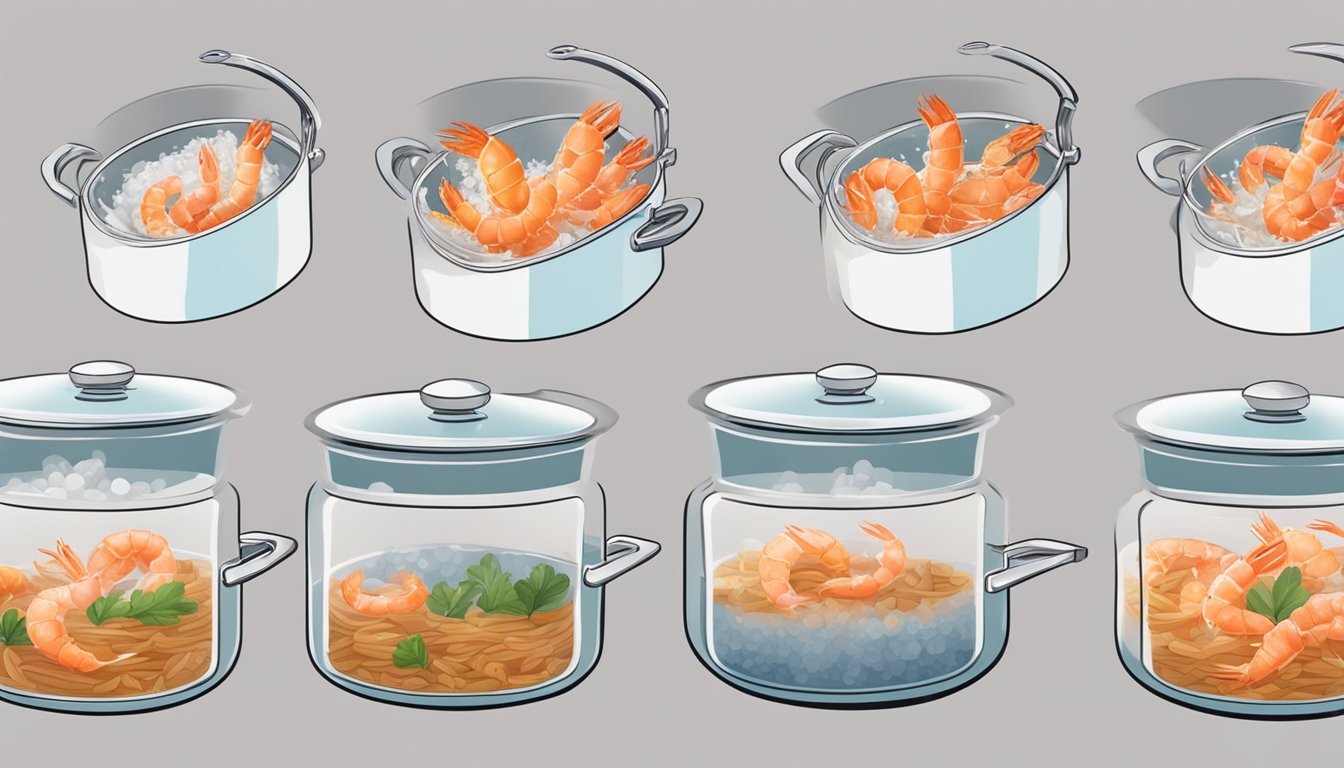 A pot of boiling water with shrimp being dropped in and then quickly removed to prevent overcooking