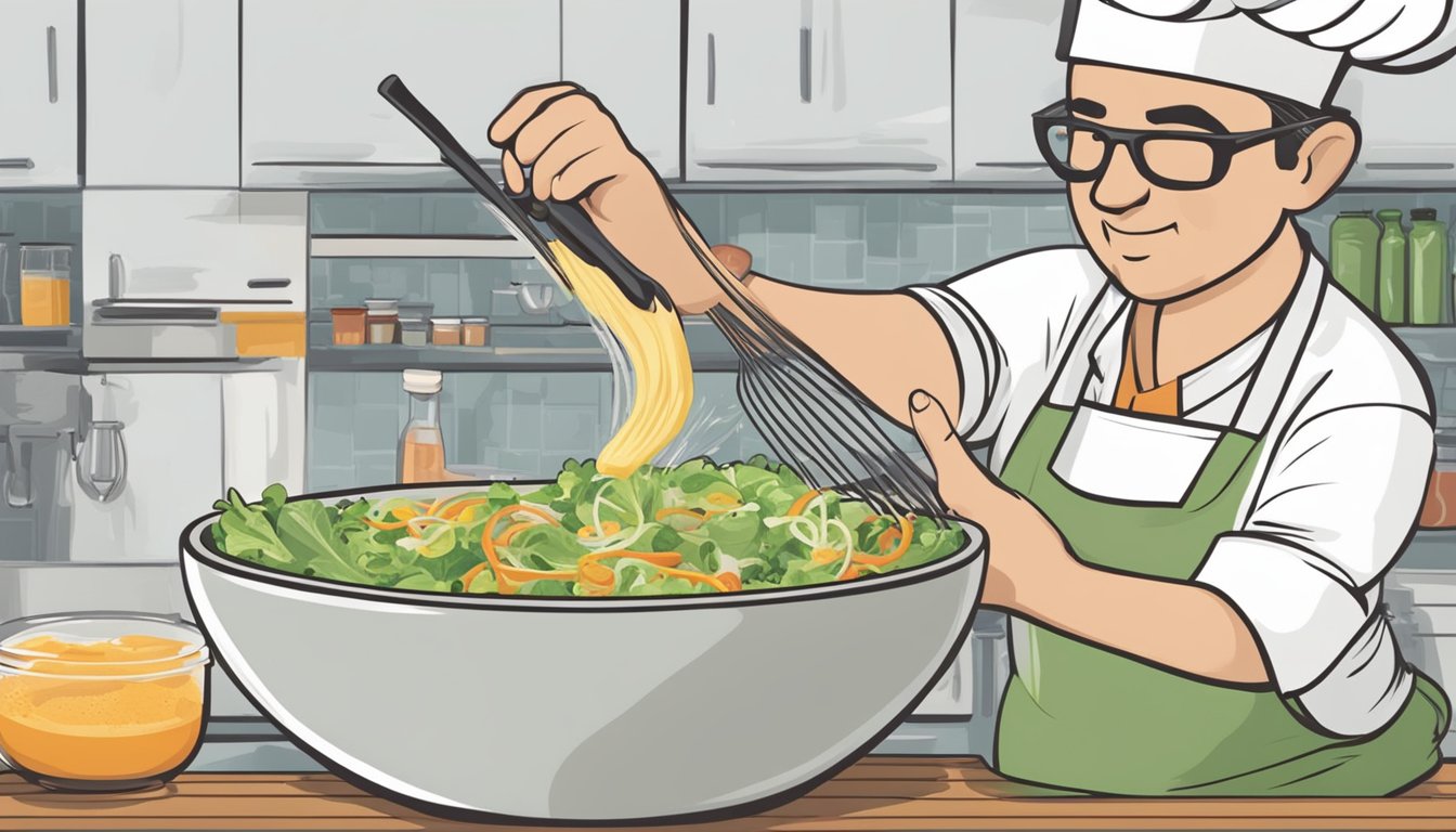 A chef adding a pinch of sugar to a bowl of overly salty salad dressing. Mixing with a whisk