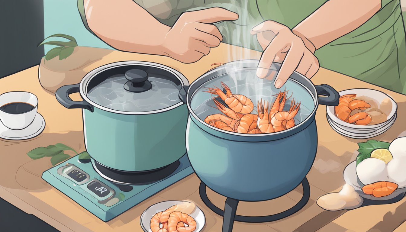 A pot of boiling water with shrimp, a timer, and a person removing the shrimp from the pot