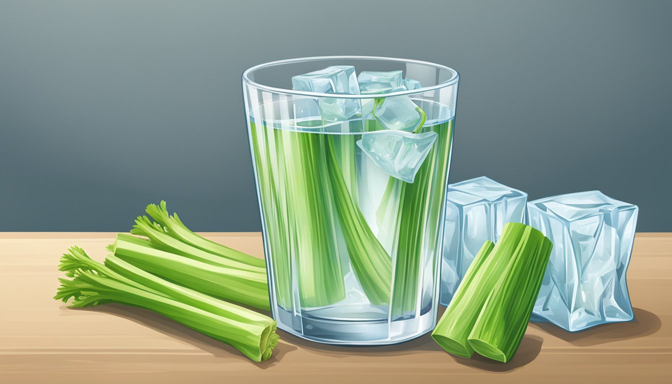 A glass of water with fresh celery stalks submerged, next to a bowl of ice cubes and a sealed plastic bag