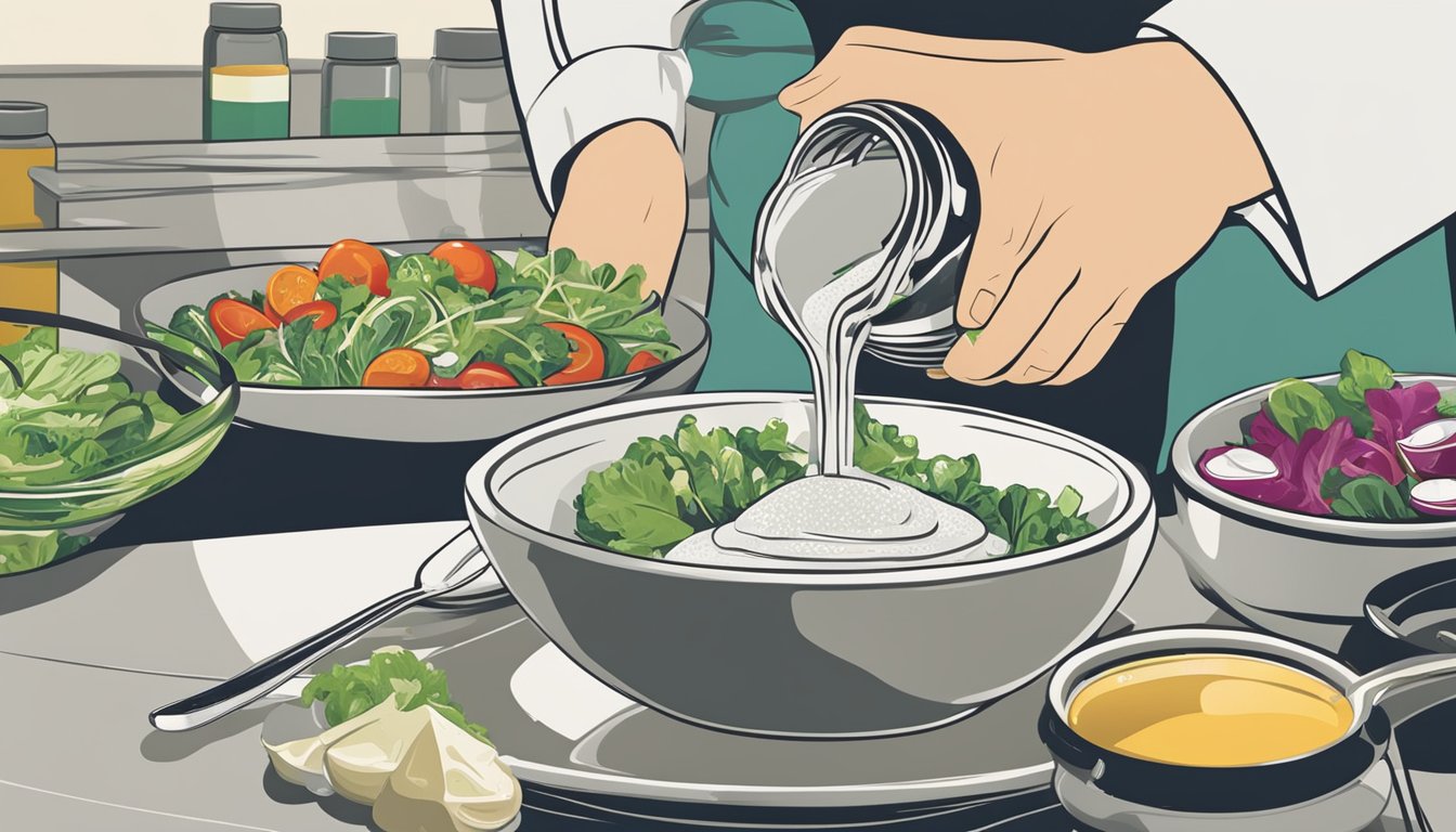 A chef's hand pouring water into a bowl of salad dressing, while another hand stirs with a spoon. A salt shaker sits on the counter