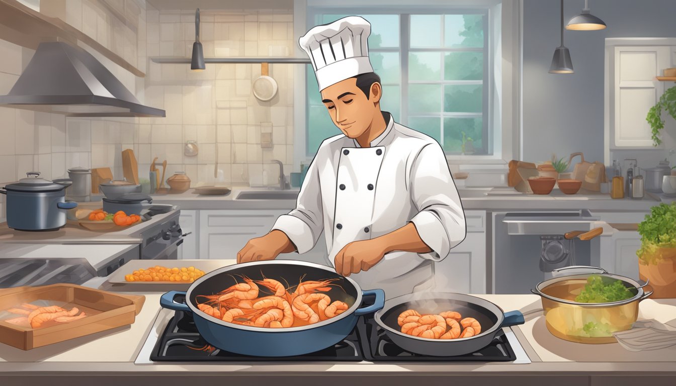 A chef carefully monitors a pot of boiling shrimp, adjusting the heat to prevent overcooking. A timer sits nearby to ensure precise cooking time