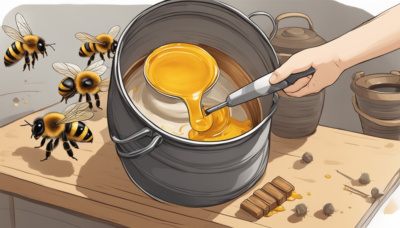 Honey bee carefully removing burnt honey from a pot with a small tool