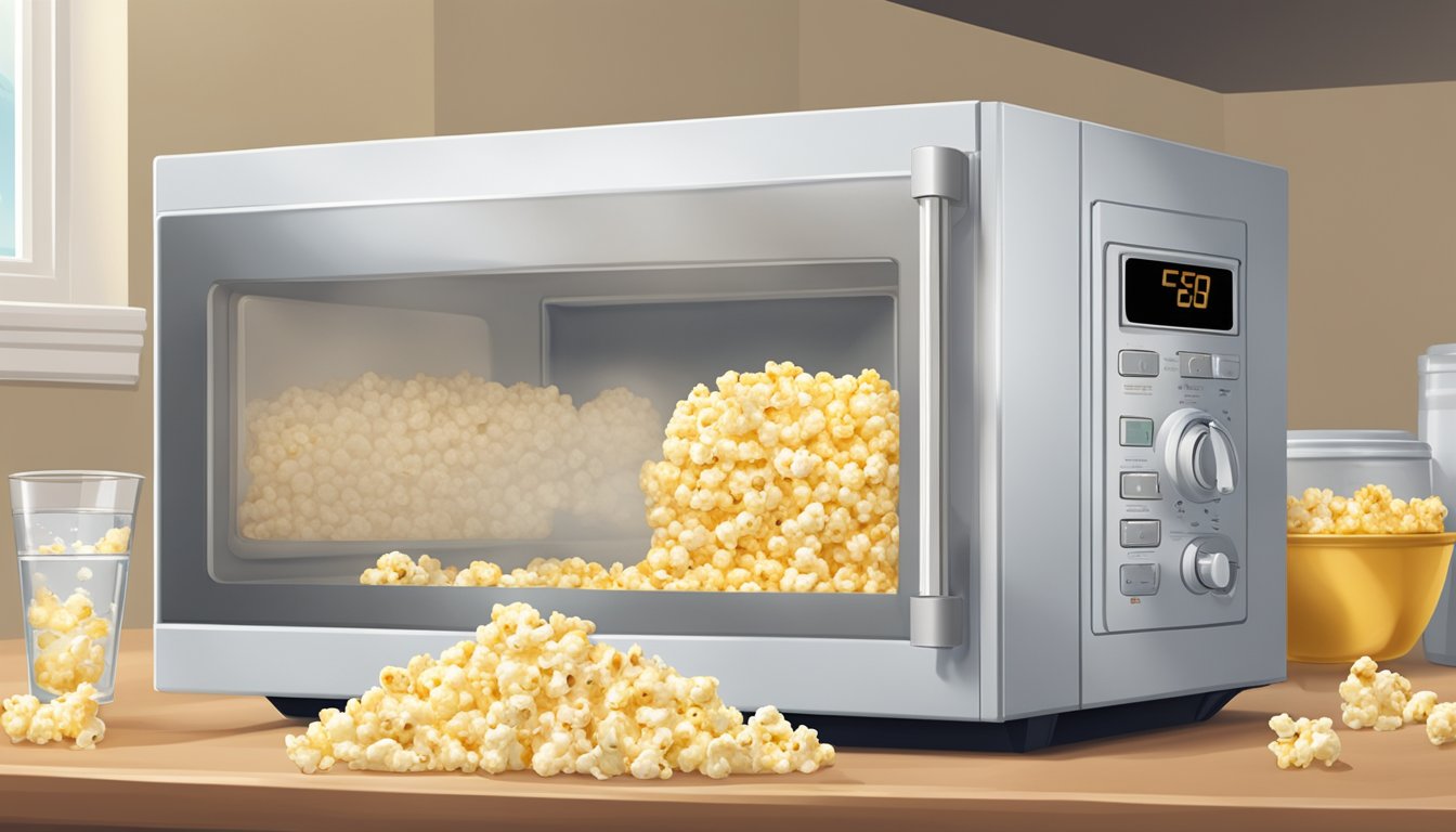 A bag of stale popcorn being placed in a microwave with a bowl of water beside it