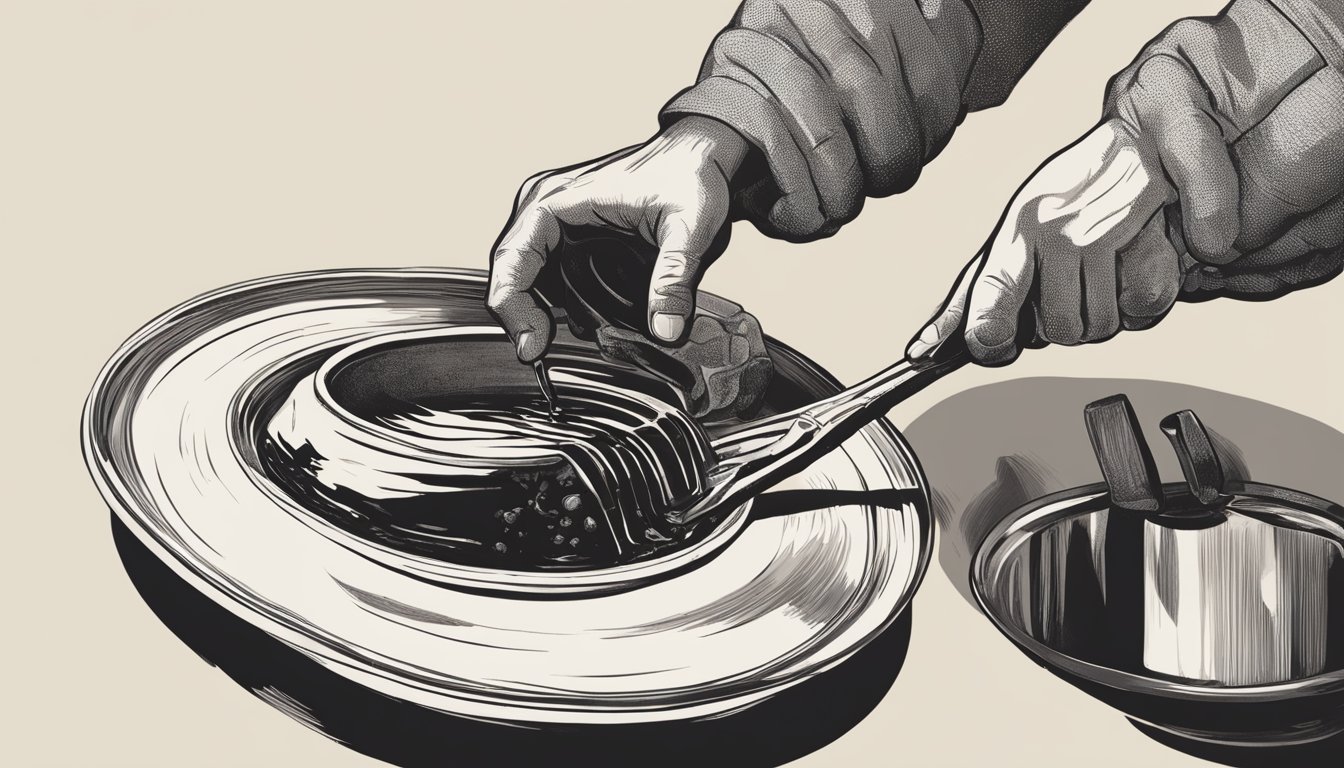 A hand reaching for a pot of burnt honey, salvaging the dish