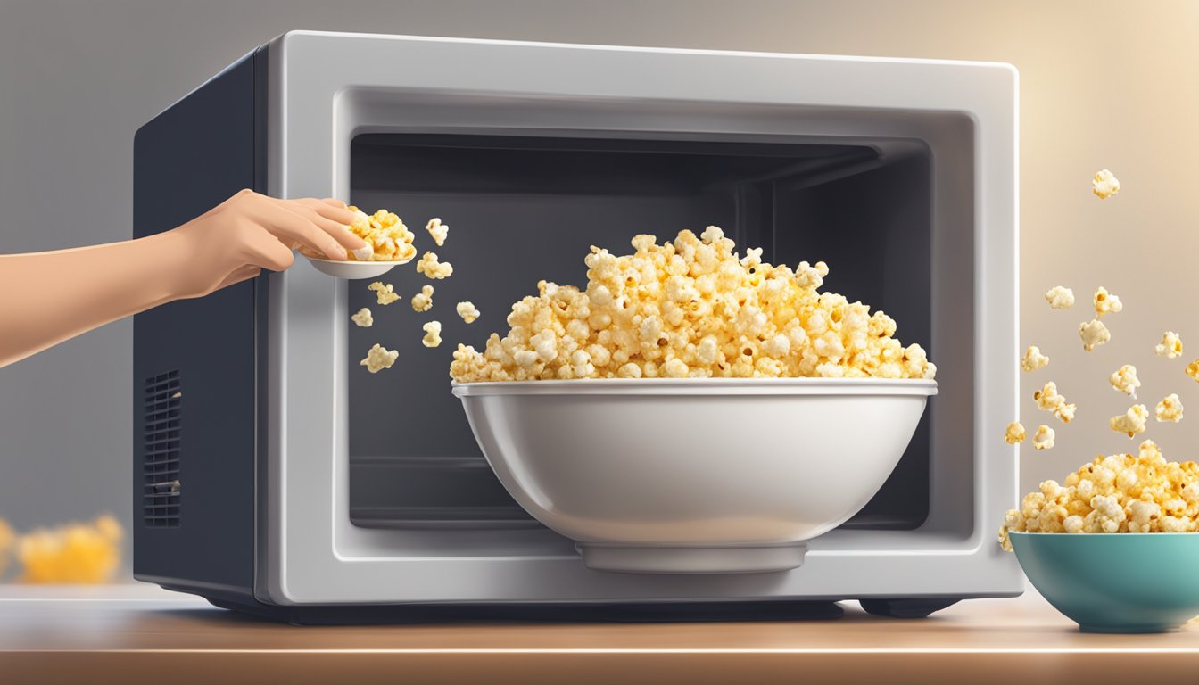 A bowl of stale popcorn being brought back to life with a microwave and a sprinkle of water