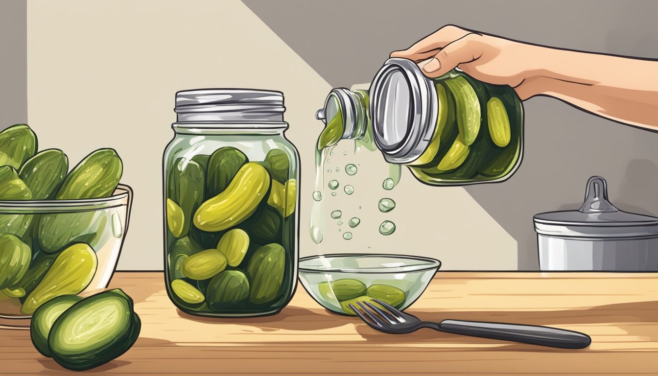 A person adding water and vinegar to a jar of pickles to fix the overly salty taste