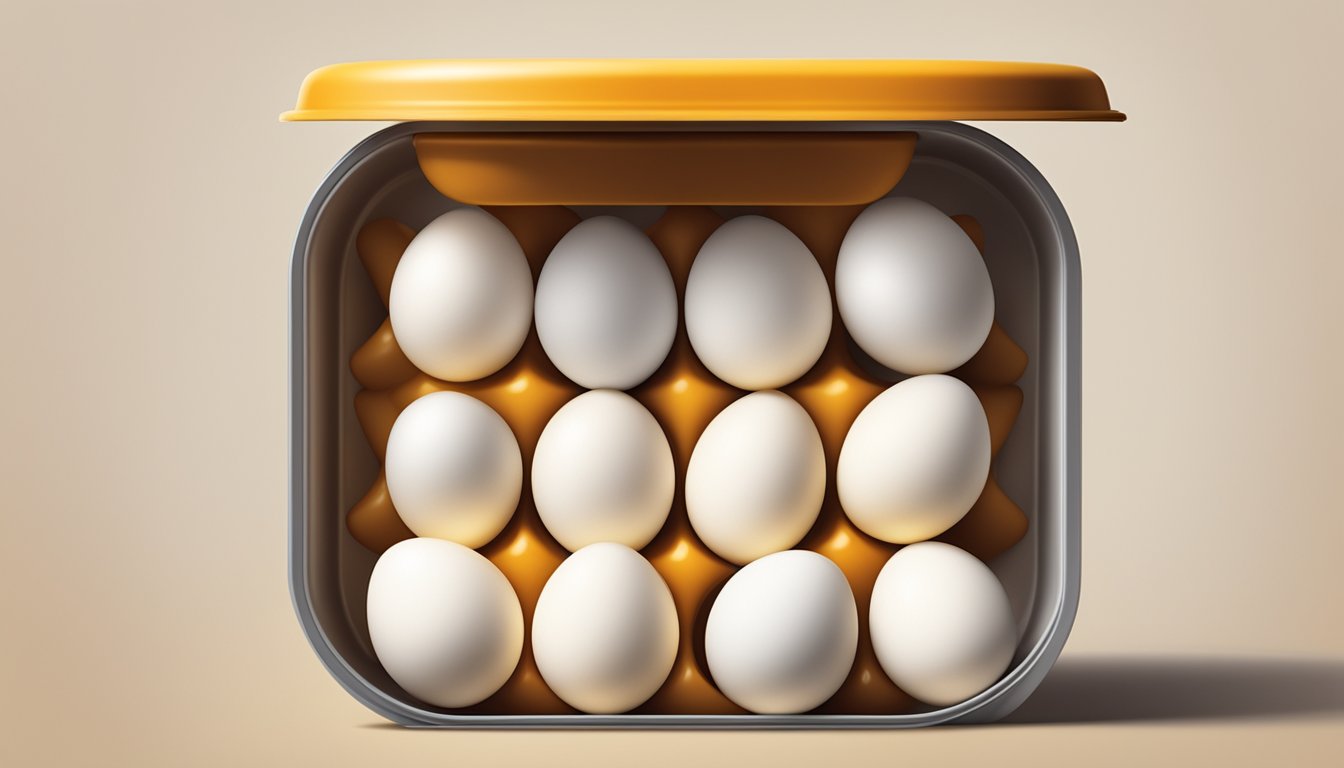 A stack of overcooked hard boiled eggs in a container, with a lid partially open and steam escaping