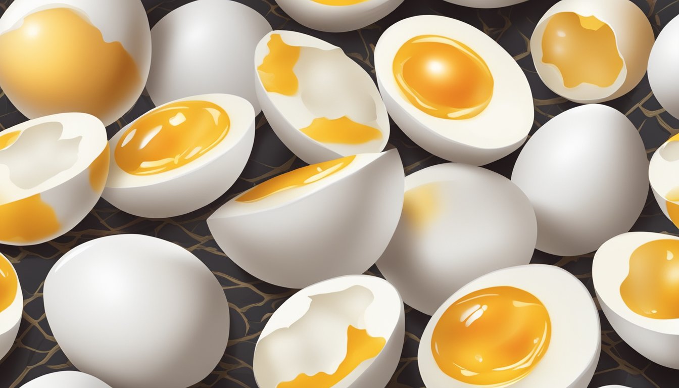 A bowl of overcooked hard boiled eggs, some cracked open, with a few showing signs of spoilage such as discoloration and a foul smell