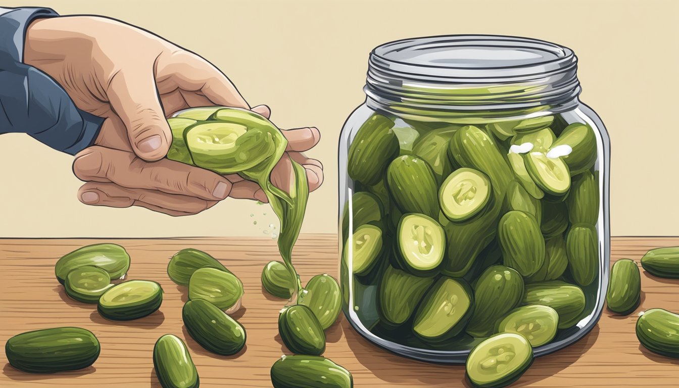 A hand reaching into a jar of pickles, pouring out excess salt