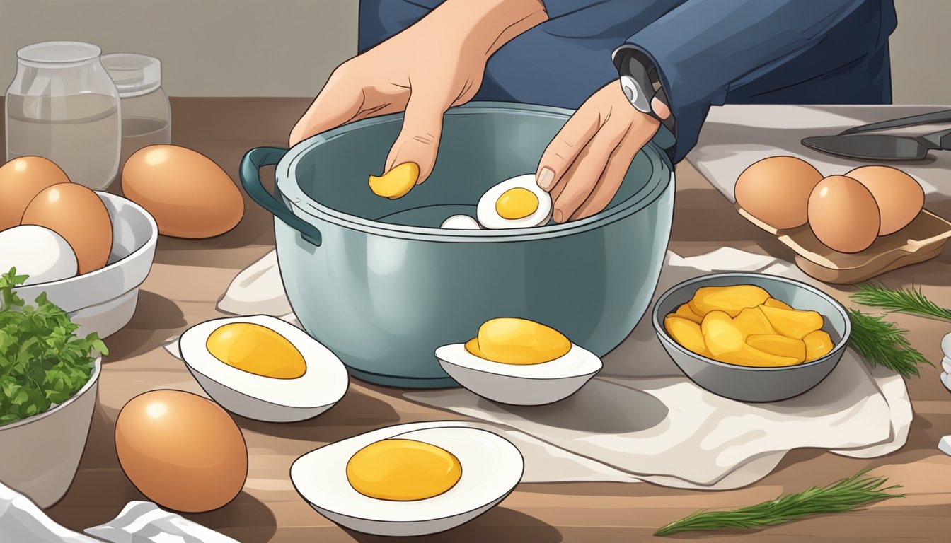 A pot of overcooked hard-boiled eggs being carefully peeled and saved for future use