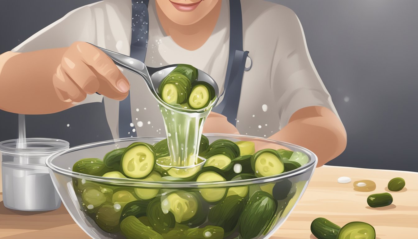 A person pouring water into a bowl of pickles, adding sugar and vinegar, then stirring the mixture with a spoon