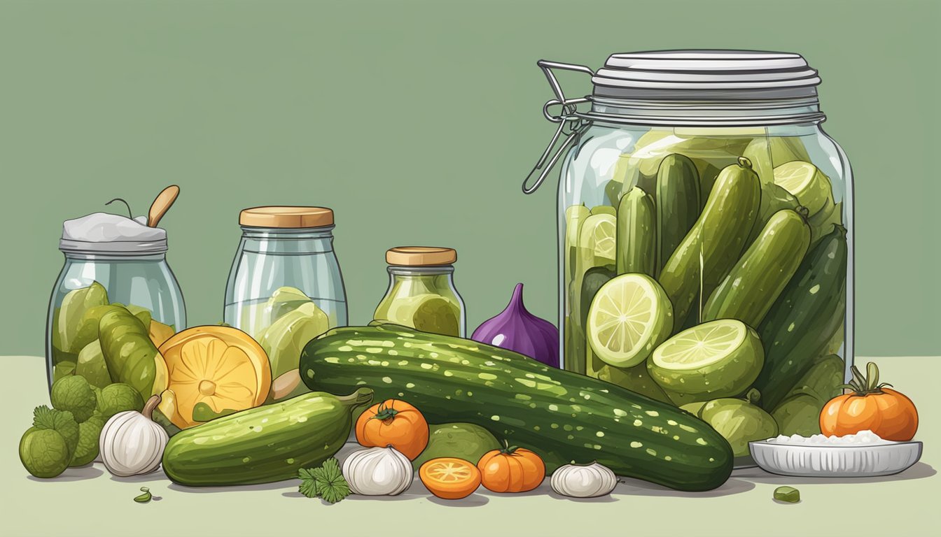 A large jar of pickles surrounded by various ingredients and tools for adjusting salt levels