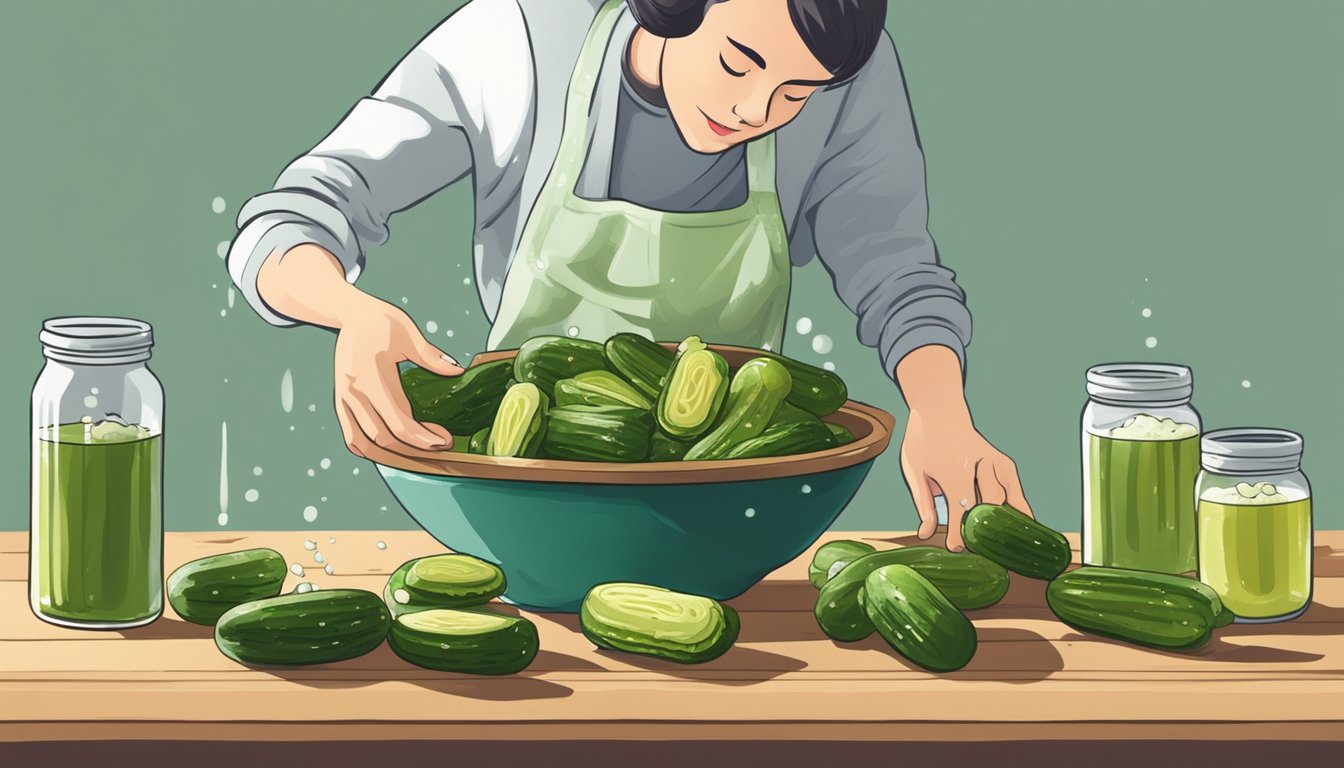 A person pouring water into a bowl of homemade pickles to dilute the saltiness