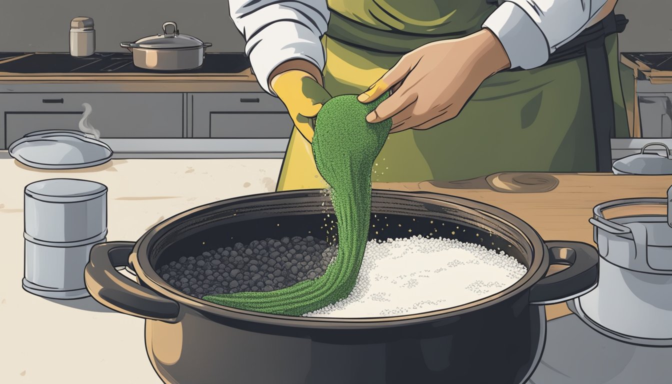 A person scrubbing a burnt pot with a scouring pad, steam rising as they work to save the charred rice