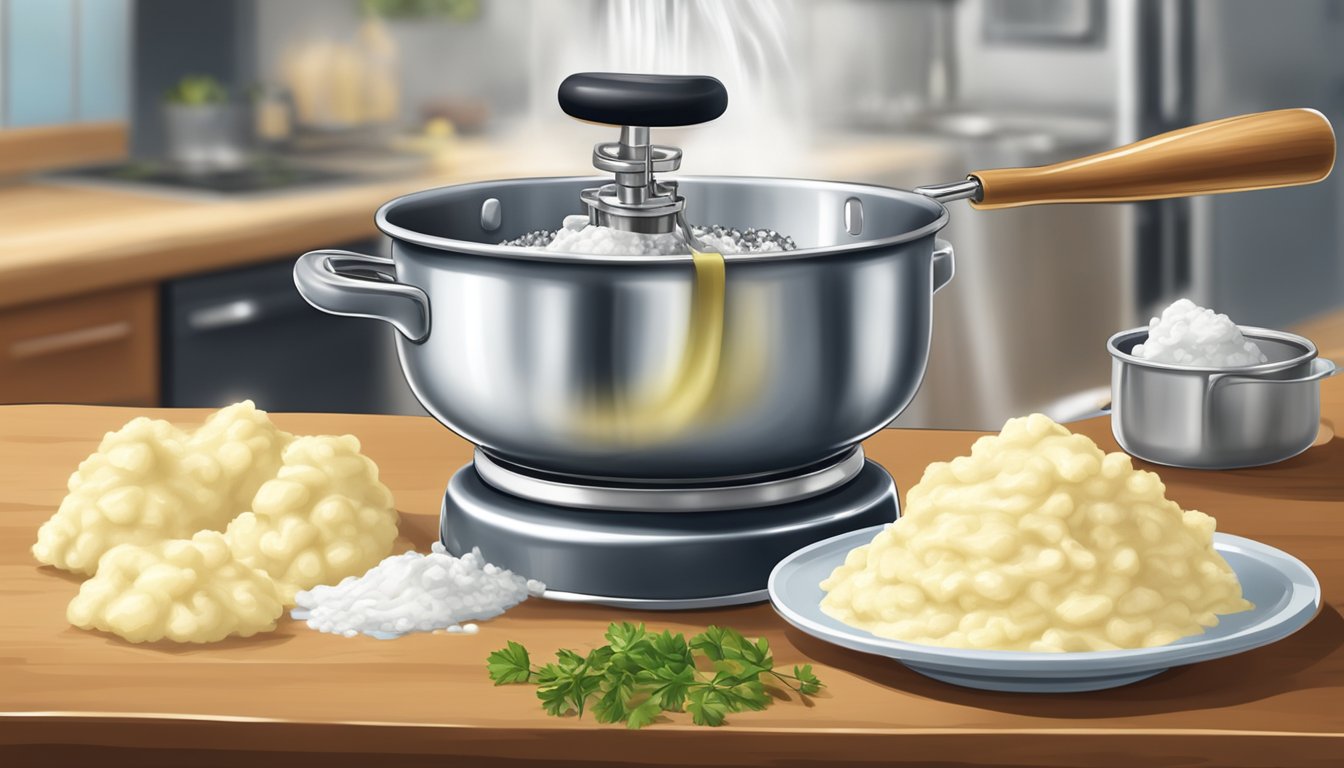 A sturdy metal potato masher presses down on a bowl of lumpy, watery mashed potatoes, with a pot of boiling water steaming in the background