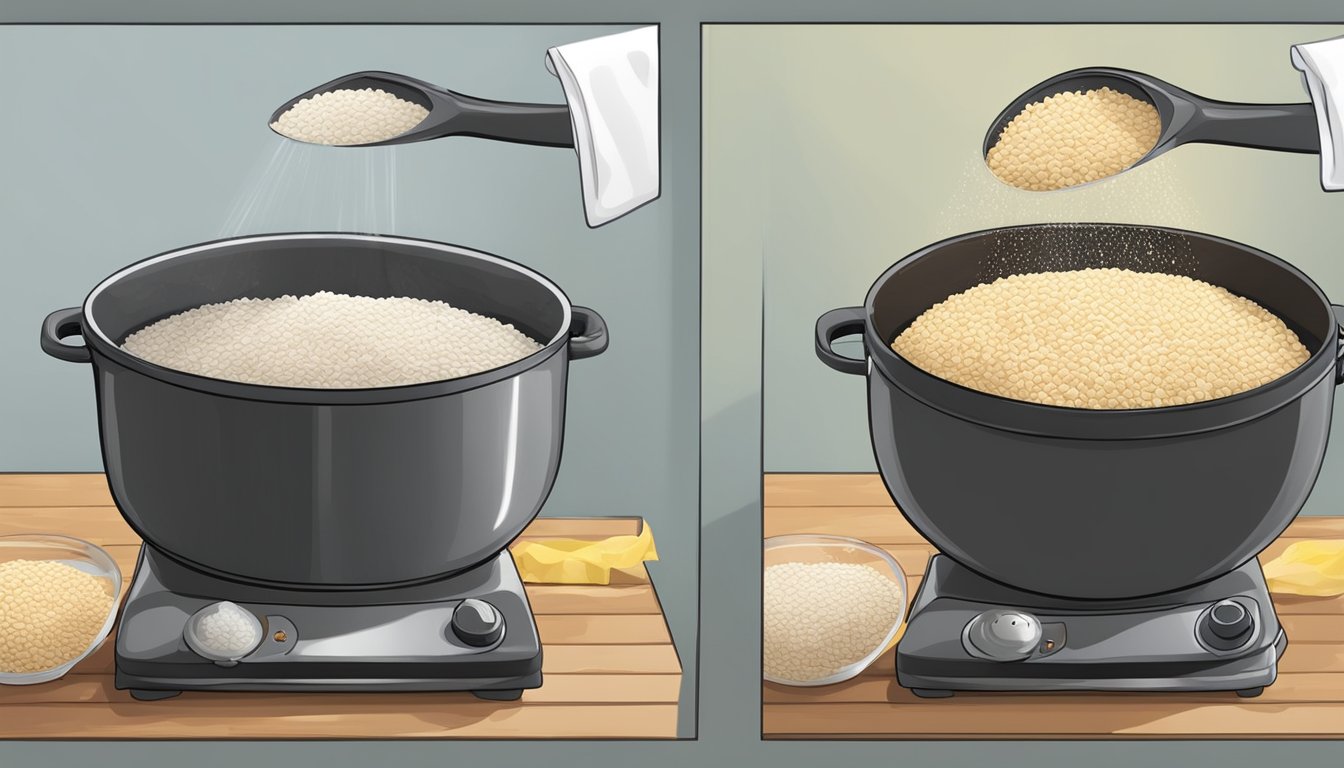 A pot of burnt rice being soaked and scrubbed clean, then placed on a drying rack