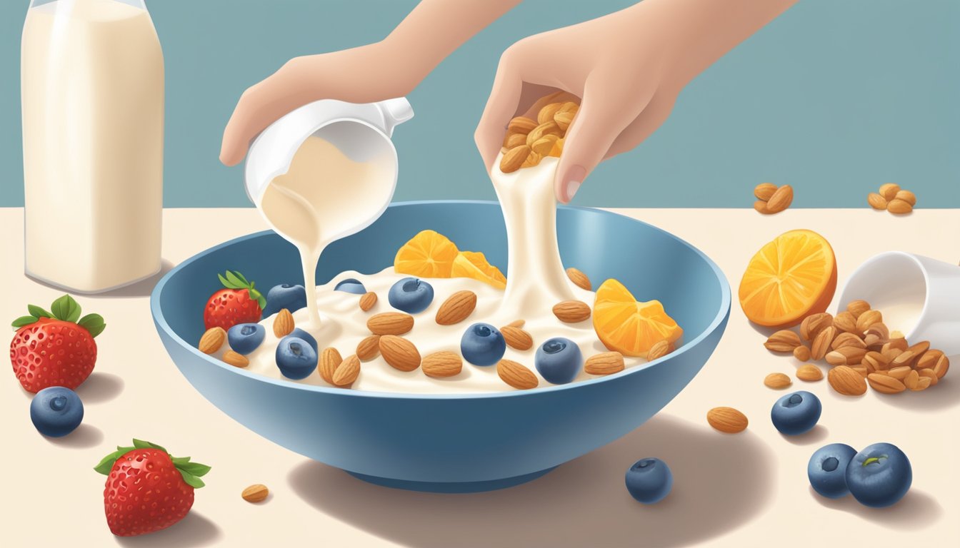 A hand pouring milk onto a bowl of stale cereal, followed by a sprinkling of fresh fruit and nuts