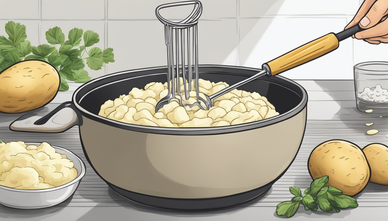 A hand holding a potato masher as it mixes thickening ingredients into a pot of watery mashed potatoes