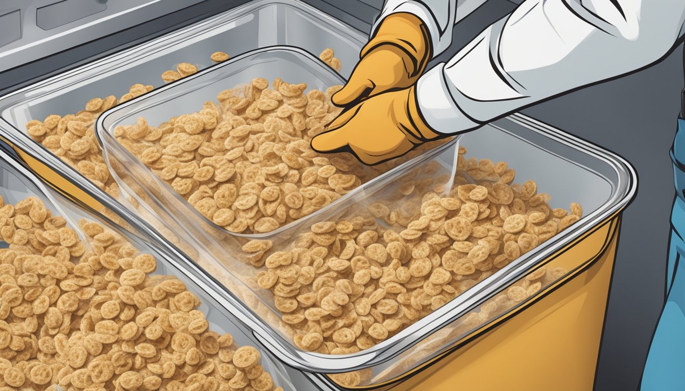 A person wearing gloves revives stale cereal with a sealed container and a fresh batch of the same cereal