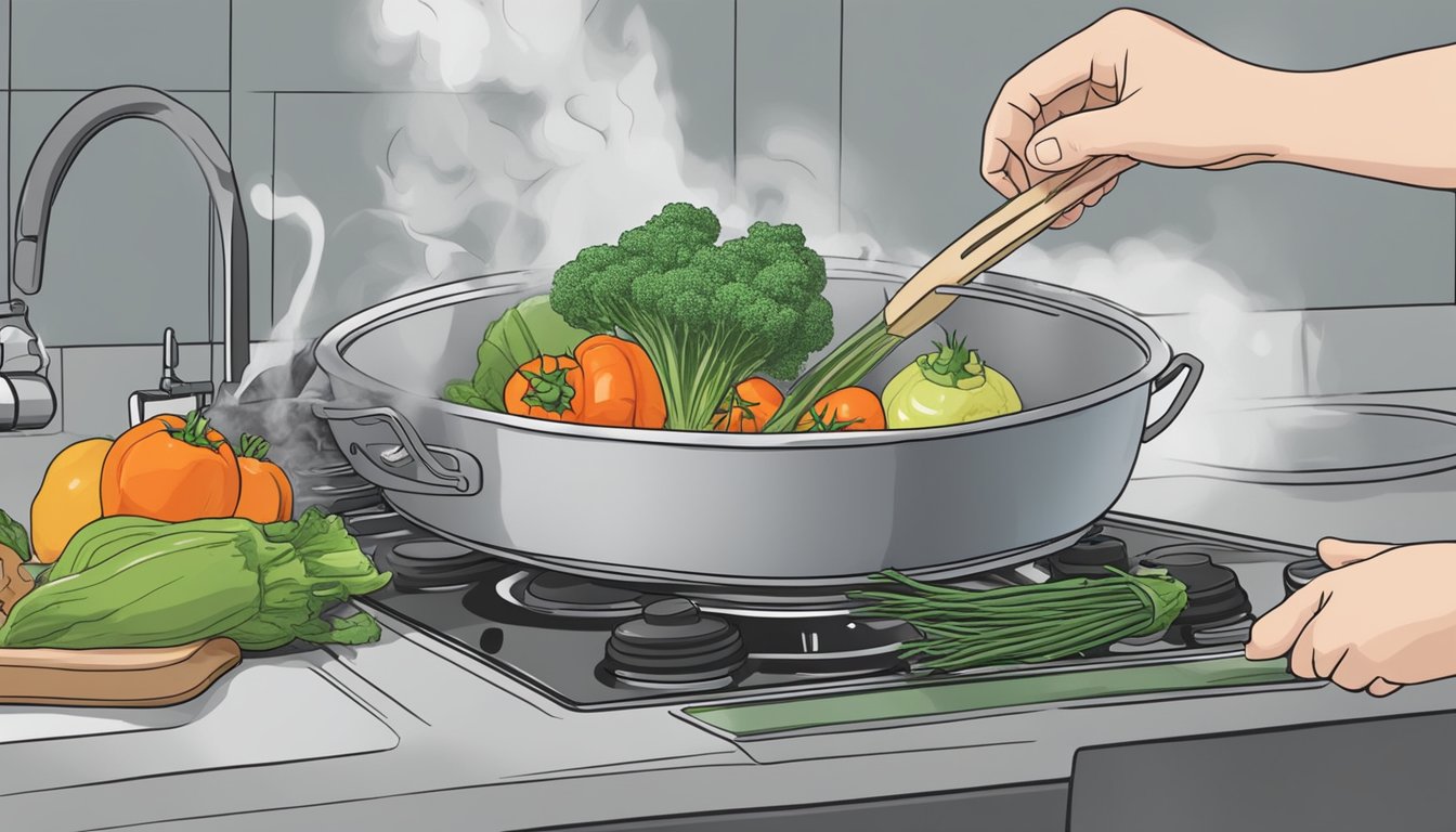 Fresh vegetables being removed from boiling water just before reaching overcooked state. Timer in background