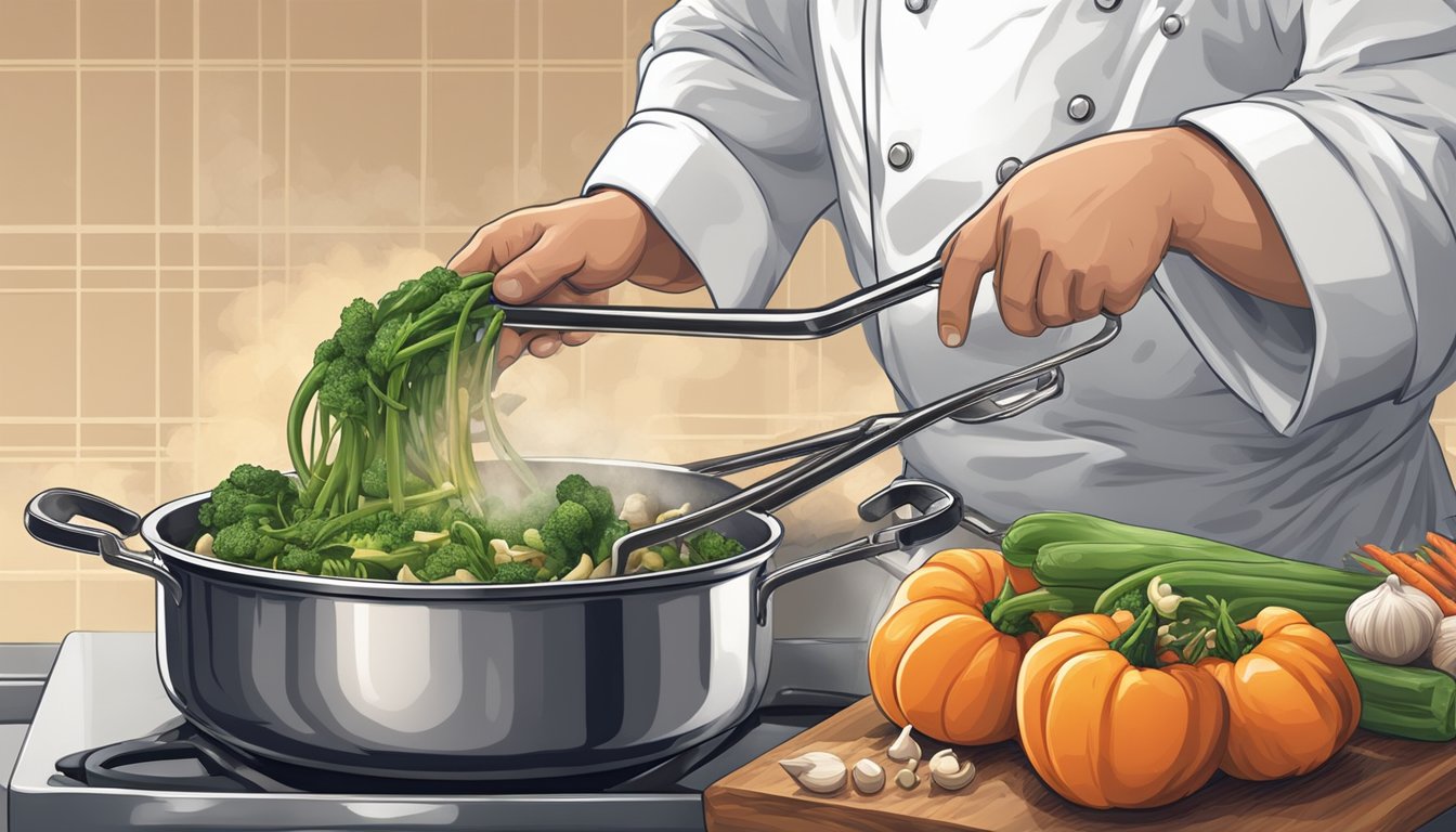 A chef uses tongs to remove overcooked vegetables from a boiling pot, salvaging what they can