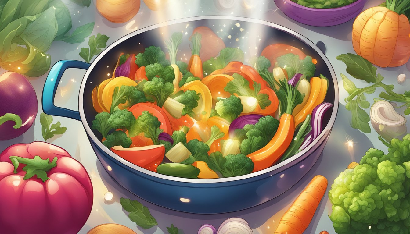 Overcooked vegetables being revived by a magical recipe, surrounded by swirling colors and sparkles