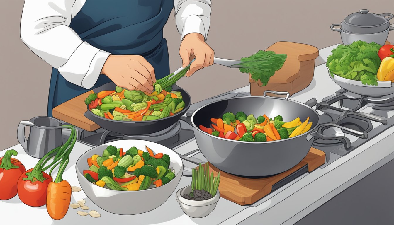 A chef mixing leftover overcooked vegetables into a colorful stir-fry