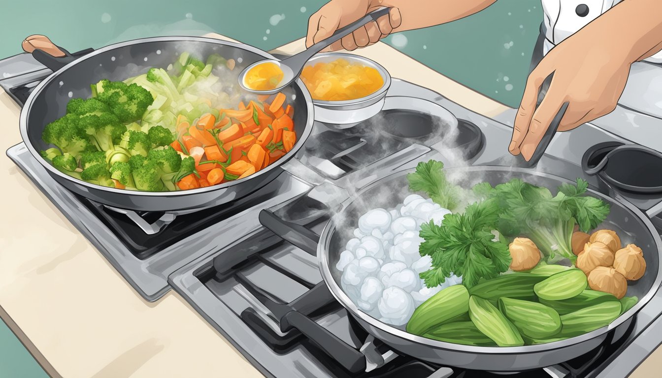 A chef quickly blanches overcooked vegetables in ice water, then sautés them with garlic and herbs in a sizzling pan