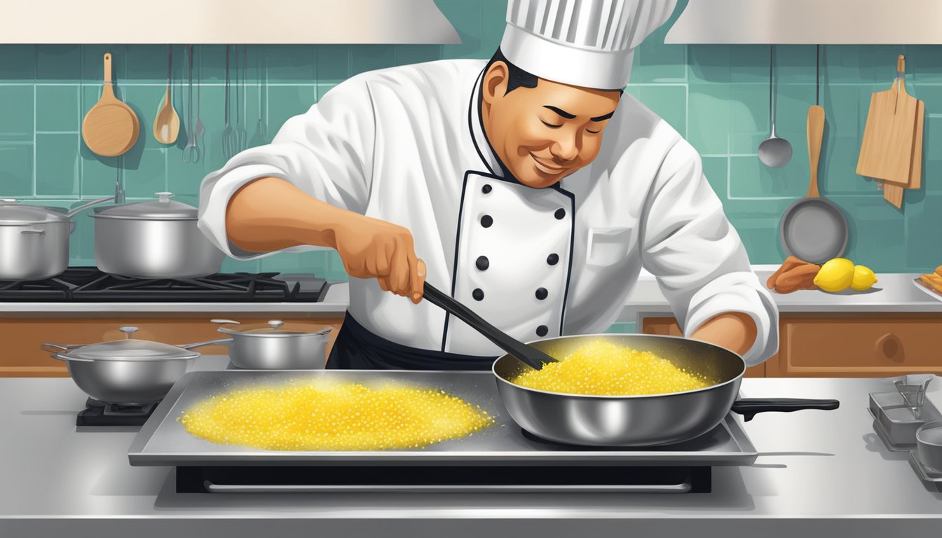 A chef adding a pinch of sugar and a squeeze of lemon to a sizzling stir fry