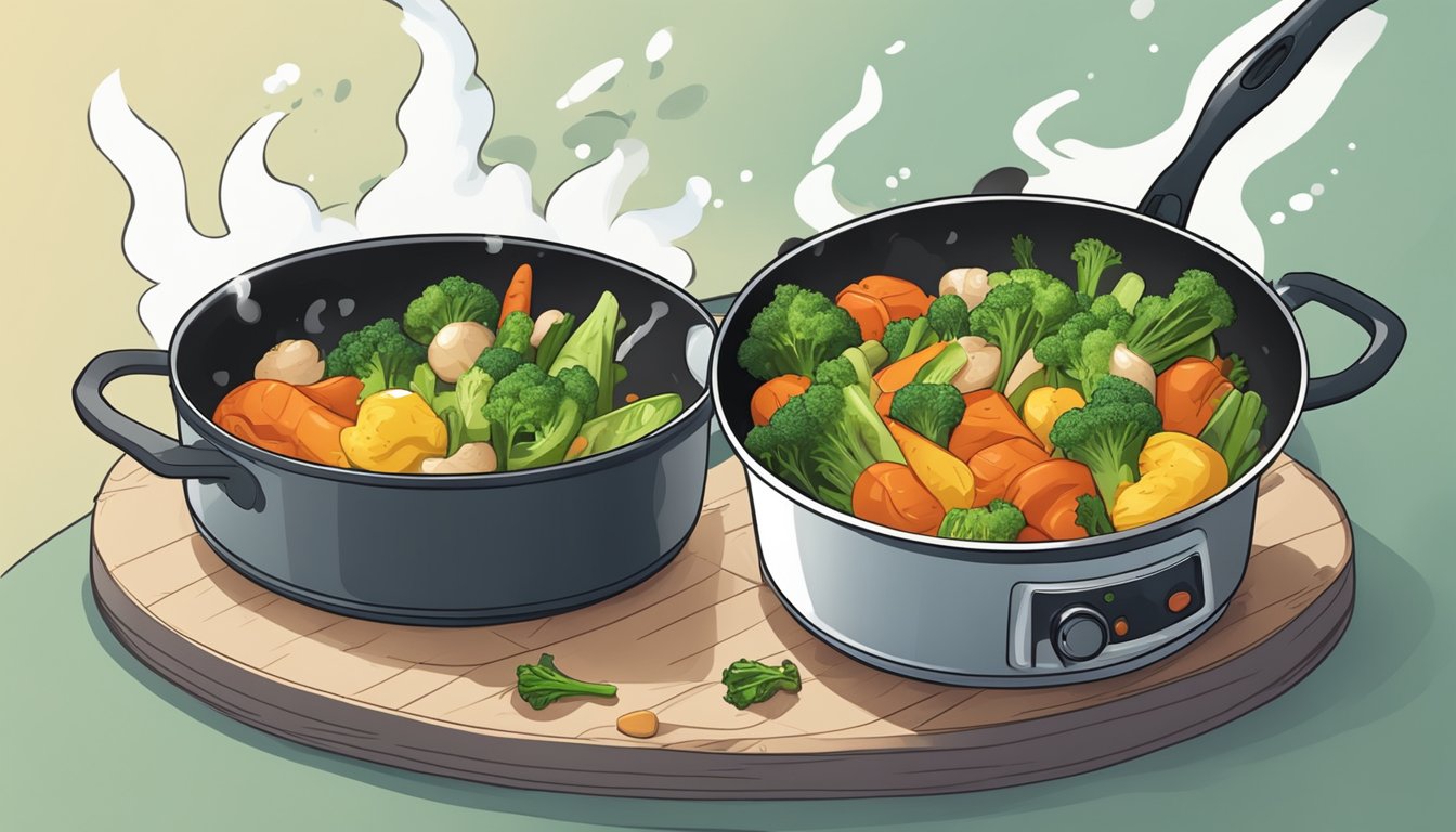 A steaming pot of overcooked vegetables being rescued by a sizzling pan of protein