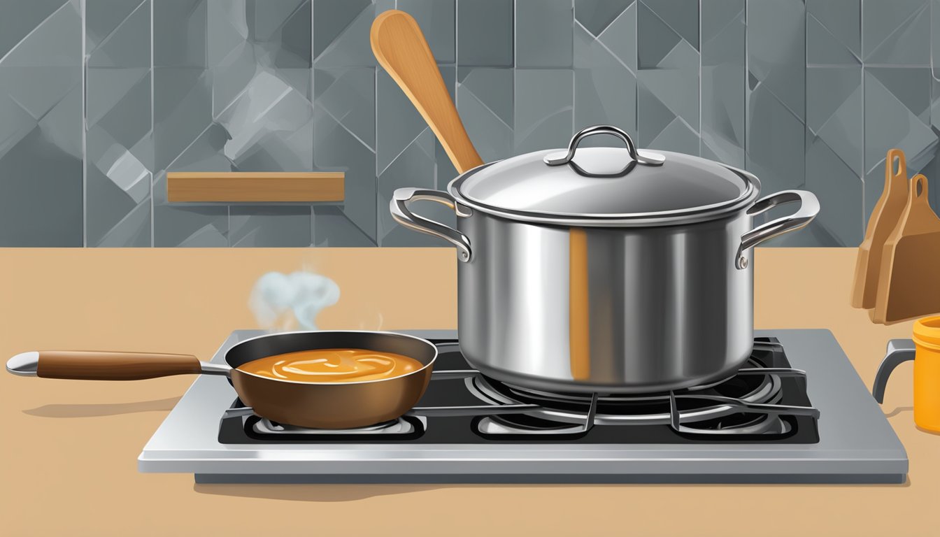 A stainless steel pot sits on a gas stove, filled with bubbling caramel. A wooden spoon rests nearby, ready for stirring. An oven mitt hangs from a hook on the wall