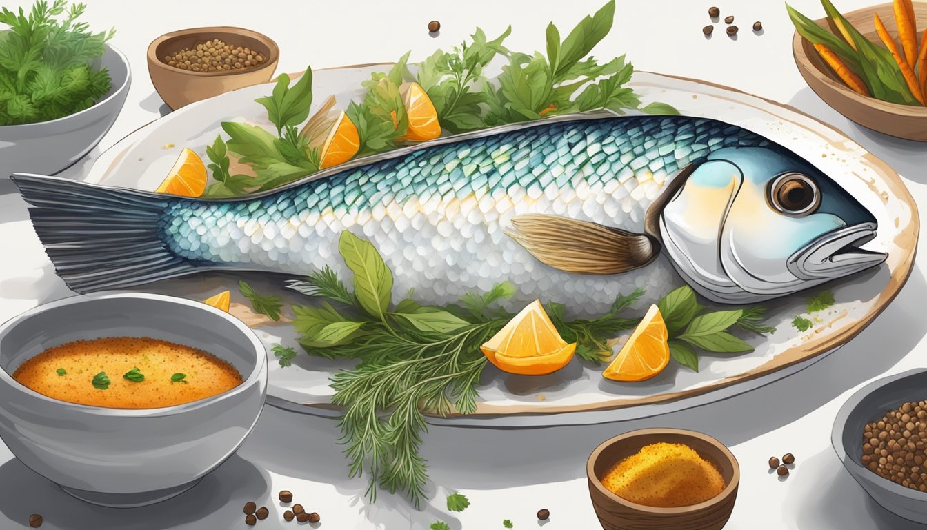 A piece of dry, overcooked fish is being gently brushed with a glaze, surrounded by vibrant herbs and spices, with steam rising from the plate