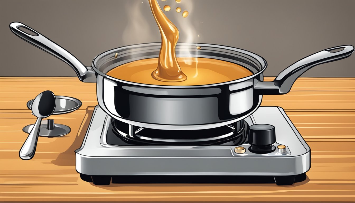 A bubbling pot of caramel on a stovetop, emitting a rich, burnt aroma. A spoon hovers over the pot, ready to stir in flavor and enhancements